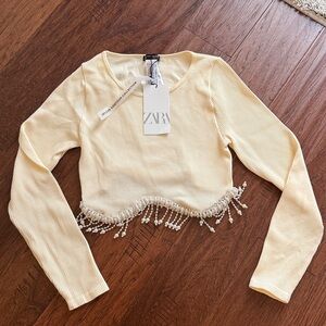 Zara Beige Long Sleeve Crop Top with pearls Detail